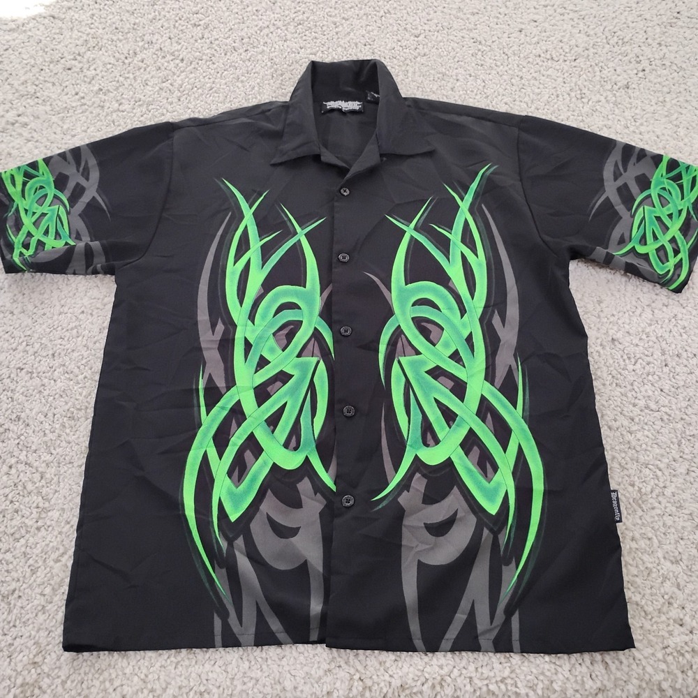 Vintage Dragonfly Shirt Mens Large Black Korea Polyester Y2K Loop Collar Street